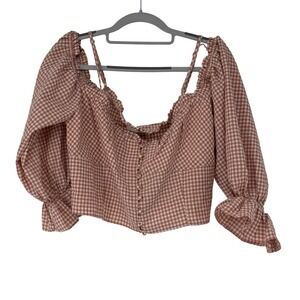 Dress Forum Gingham Crop Top Pink White Puff Sleeve Button Front Size L Coquette